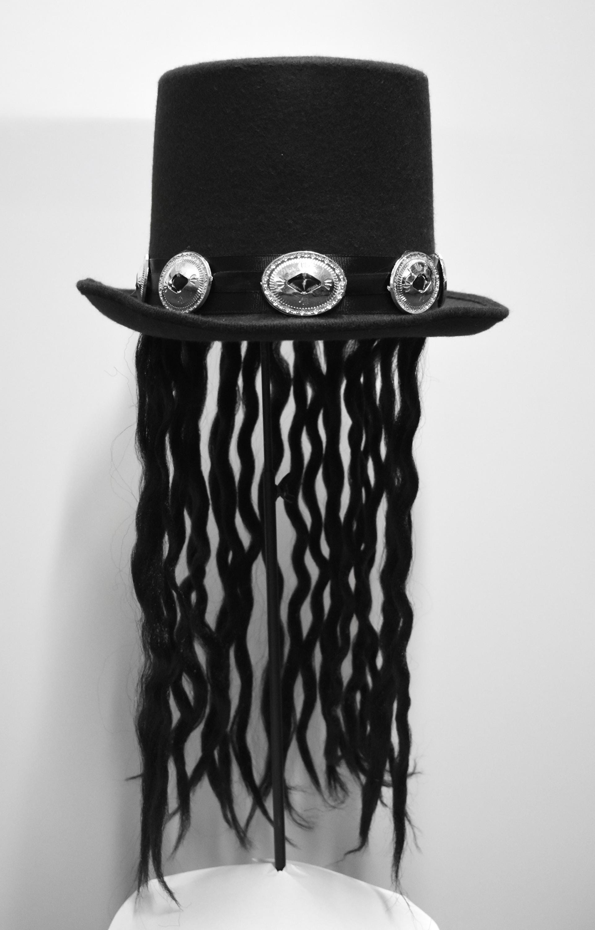 Men's Top Hat Attached Faux Synthetic Dreads Accented With Silver