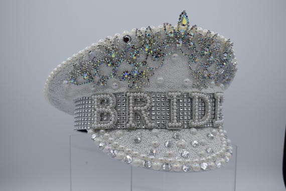 Womens White Sequin Captain Bride Hat Faux Gems Pearls Crown Wedding Bachelorette Festival Party Accessory Cap Gender Fluid LGBTQ One Size