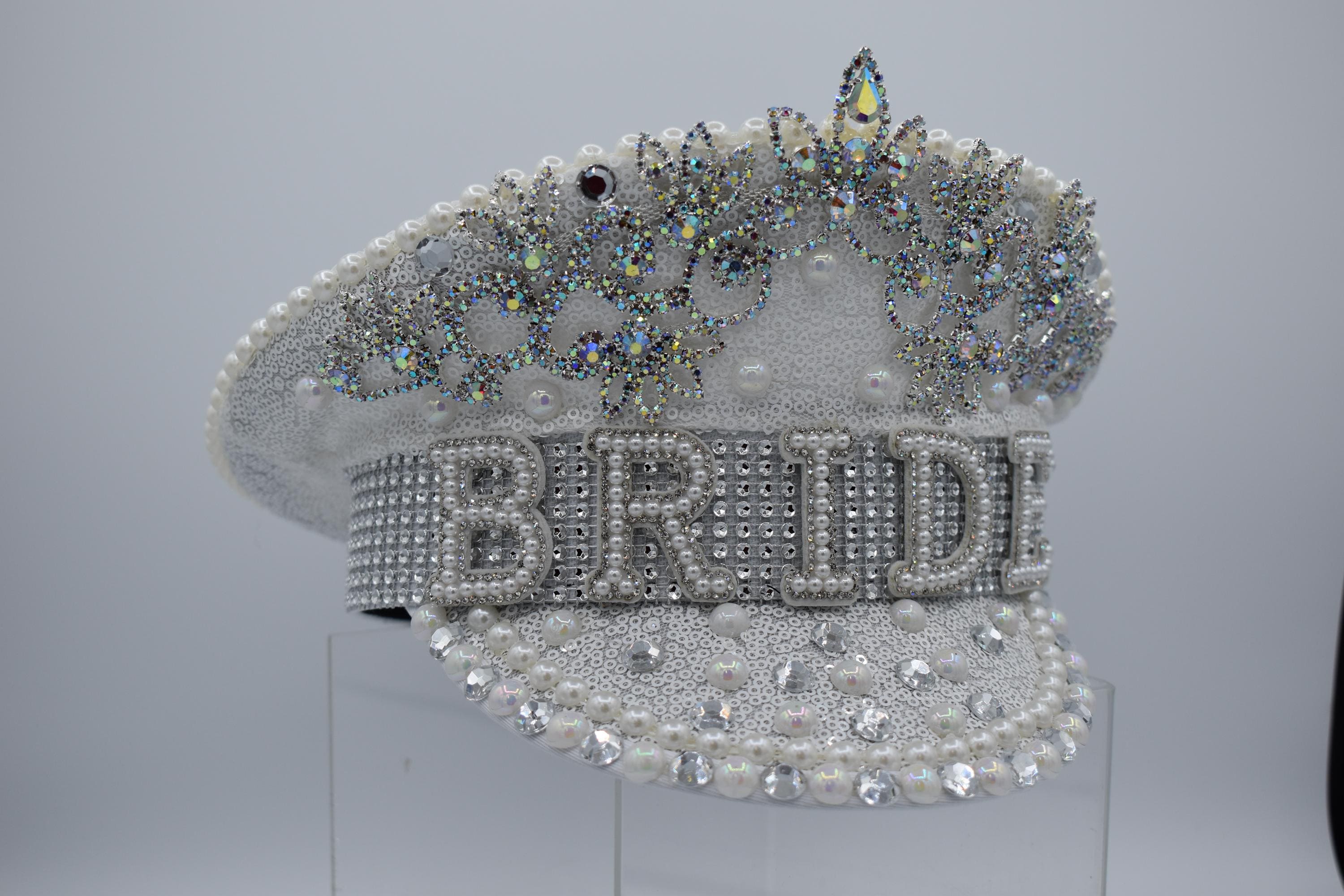 White Pearl Embellished Bride Hat, Sequin Captain Bride Hat, Bachelorette Gift White Sequin Captain Bride Hat Bride to Be Sash Faux Pearls  main image 2