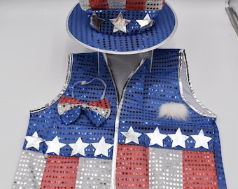 Adult Teen Deluxe Funny Uncle Sam Top Hat Vest Bowtie Beard Sequin Patriotic Holiday Halloween Cosplay Costume Set