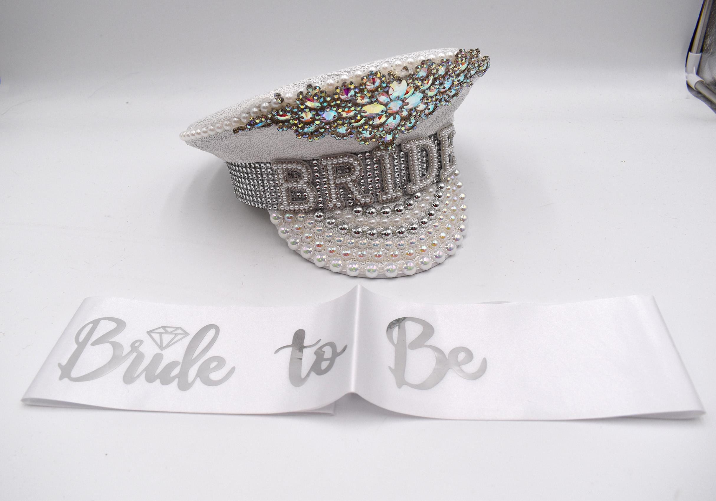 White Sequin Captain Bride Hat Bride to Be Sash Faux Pearls 