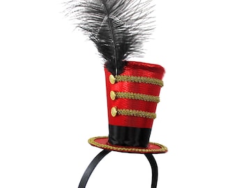 Womens Circus Toy Soldier Nutcracker Band Major Ringmaster Lion Tamer Majorette Red Mini Top Hat Headband Victorian Steampunk Costume Cap