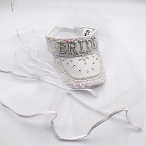 Womens Adjustable Fabric Bling BRIDE to be Sun Visor Detachable Veil Sequin Hat Beach Wedding Bachelorette Party Accessory Headwear Gems