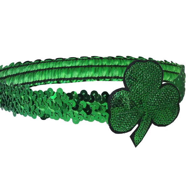 Womans Girls Adult Child Green Sequin Shamrock Applique Headband Hairband 3 Leaf Clover Elastic St. Patricks Adjustable Dance Accessory