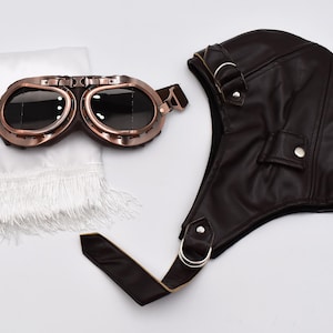 Adult Teens Deluxe Vinyl Vintage Pilot Aviator Helmet Goggles and Scarf Halloween Cosplay Costume Set