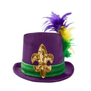 Adult Teen Deluxe Velvet Mardi Gras Purple Top Hat Gold Fleur Di Lis And Bendable Feather Parade Costume Accessory Headwear