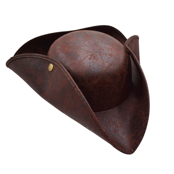 Unisex Adult Child Brown Pirate Tricorne Hat Tri-Corner Tricorn Faux Leather Colonial Halloween Cosplay Costume Accessory One Size