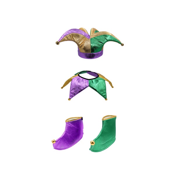 Adult Teen Colorful Mardi Gras Jester Clown Harlequin Set Hat Collar Shoe Covers Jingle Bells Accessory Kit With Purple Green Yellow Colors