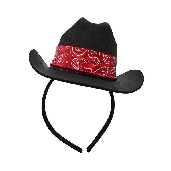 Adult Kid Unisex Mini Black Cowboy Cowgirl Hat On a Headband With Red Paisley Bandana Trim Halloween Cosplay Pretend Costume Accessory