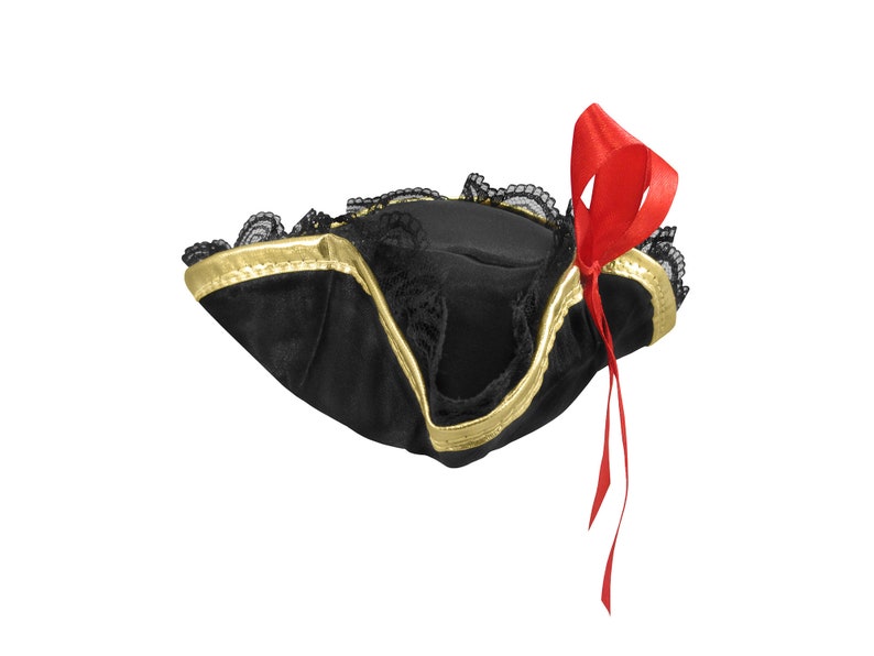 Womens Mini Pirate Buccaneer Tri-Corner Tricorner Hat Cap Alligator Hair Clip Fascinator Halloween Cosplay Theater Red Bow Black Lace