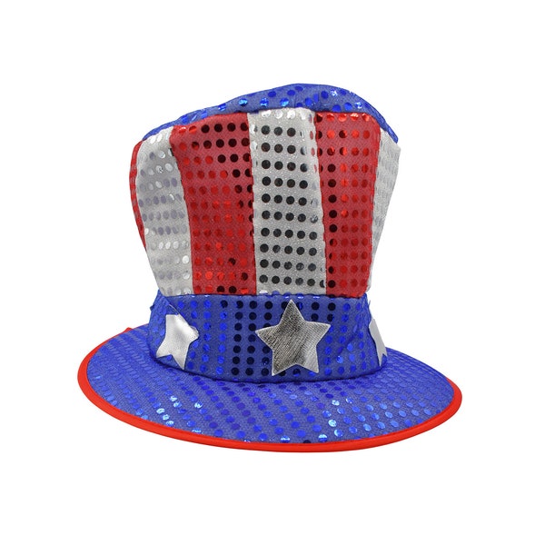 Unisex Adult Teen Patriotic Oversized Large Red White Blue Sequin Top Hat Stars Stripes Cap Parade BBQ Party July 4th Memorial Accessory