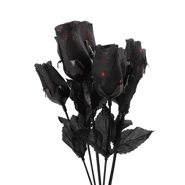Satin Gothic Style Dead Black Fake Roses Red Glitter Accents Bouquet Bundle Halloween Decoration Centerpiece Wedding Prop Accessory