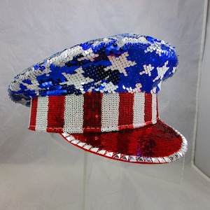 Deluxe Red White and Blue 4th of July Patriotic American Flag Flip Sequin Captain Hat Military Festival Drag Gay Pride Holiday Cap One Size