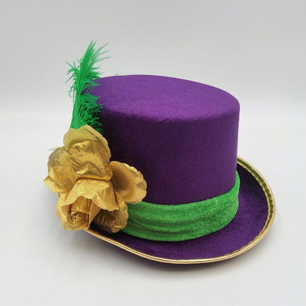 Chapeau haut de forme Mardi Gras en velours violet pour femme, accessoire de costume de fête fantaisie, défilé de plumes vertes et roses