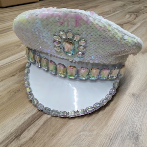 Adult Mens Womens Deluxe Iridescent White Pink or Black Silver Flip Sequin Jeweled Gem Festival Pride Captain Hat Costume Accessory
