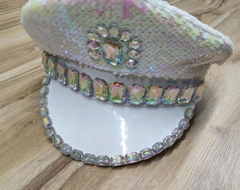 Adult Mens Womens Deluxe Iridescent White Pink or Black Silver Flip Sequin Jeweled Gem Festival Pride Captain Hat Costume Accessory