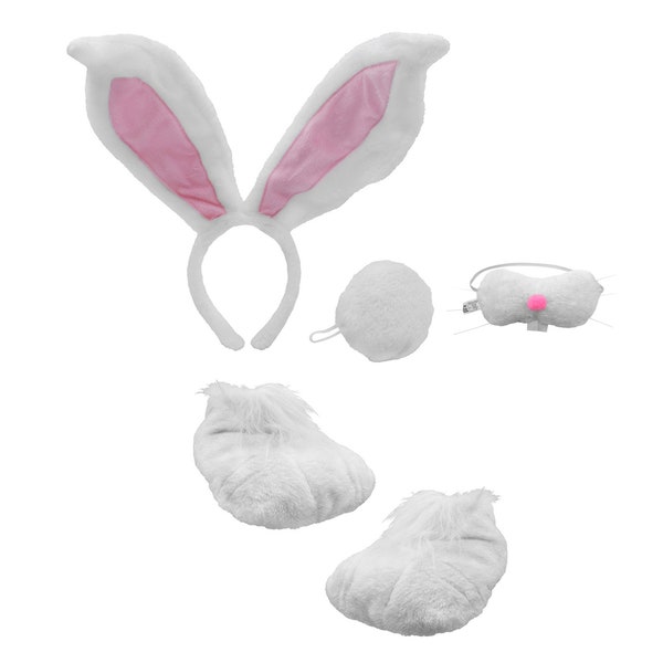Adult Teen Fuzzy Fluffy White Bunny Rabbit Ears Nose Tail Headband Plush Feet Shoes Easter Holiday Halloween Cosplay Costume Accessory Set