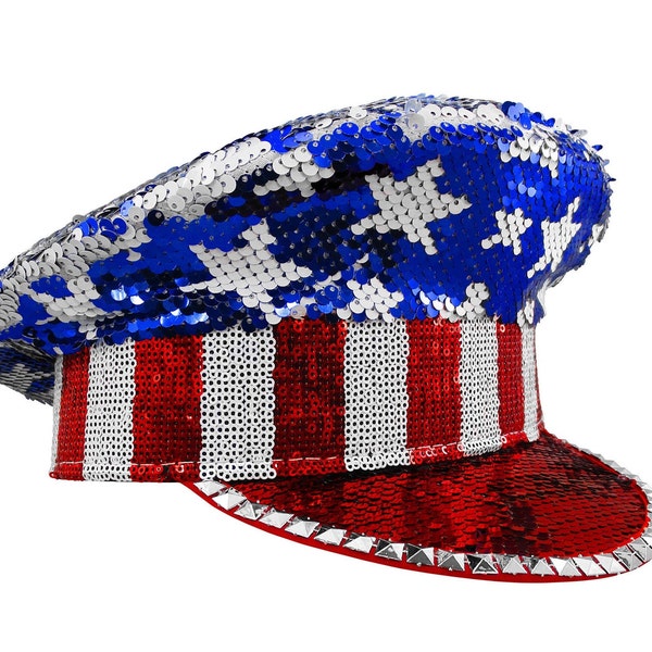 Deluxe Red White and Blue 4th of July Patriotic American Flag Flip Sequin Captain Hat Military Festival Drag Gay Pride Holiday Cap One Size