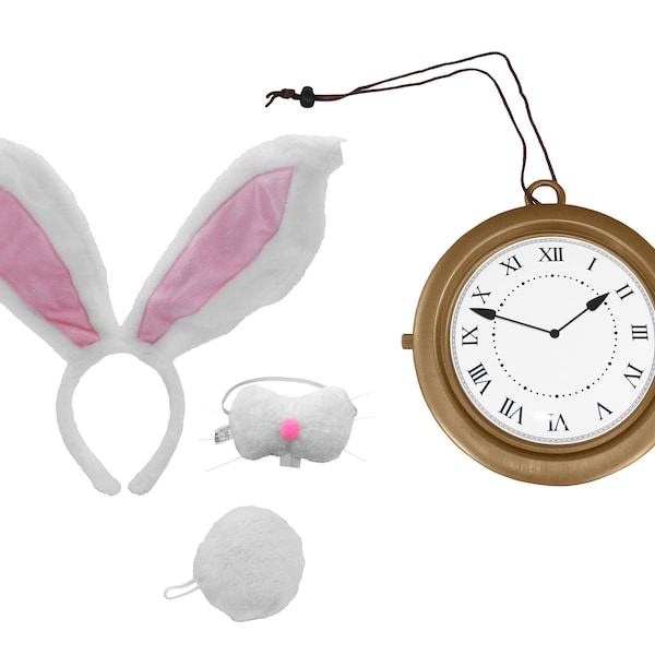 Unisex Adult Teen White Easter Bunny Rabbit Ears Headband Nose Tail Large Clock Necklace Funny Cosplay Set Kit Halloween Costume Accessory
