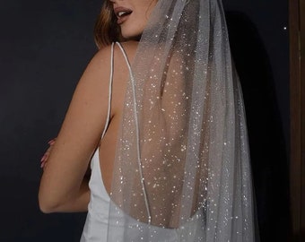 Voile de mariée scintillant, Voile de mariage scintillant avec peigne, Voile de tulle scintillant, Voile cathédrale ivoire, Valse, Genou, Voile du bout des doigts, Voile blanc