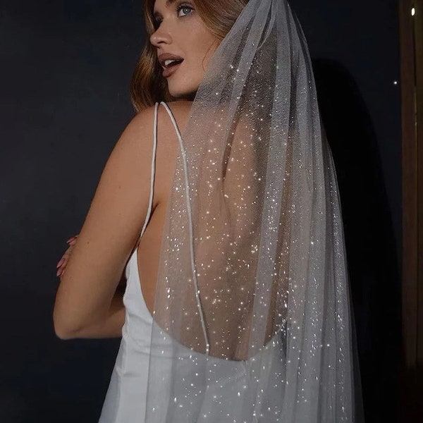 Voile de mariée scintillant, Voile de mariage scintillant avec peigne, Voile de tulle scintillant, Voile cathédrale ivoire, Valse, Genou, Voile du bout des doigts, Voile blanc