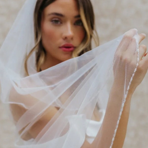 Pearl Bridal Veil with Comb, Beaded Wedding Veil, 1 Layer Veil, Ivory Veil, White Veil, Fingertip Veil, Waltz Floor Veil, Cathedral Veil