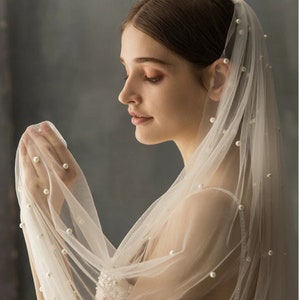 Fast Delivery Pearl Veil, Cathedral Veil, Soft Tulle Wedding Veil, Pearl Wedding Bridal Veil, Simple Soft Sheer Wedding Veil, Chapel Veil