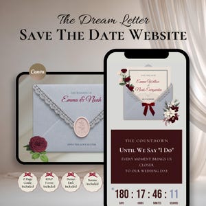 Peut inclure: Un modèle de site web Save The Date pour Canva avec une enveloppe bleu clair ornée de dentelle, un sceau de cire et des fleurs. L'affichage mobile présente un compte à rebours, les détails du mariage d'Emma et Noah et le texte The Dream Letter.