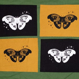 Moth Eye Screen Printed Sew-On Patch / Mustard Yellow or Black Fabric, Black White or Orange Ink / Sparkle Spooky Butterfly Celestial Insect