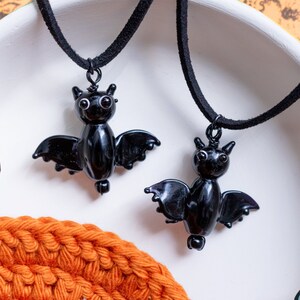 Glass Bat Necklace / Wire Wrapped Spooky Halloween Necklace / Black Goth Witch Gf Jewelry