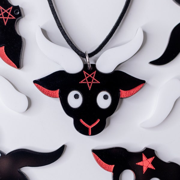 Baphomet Necklace / Black and Red Satanic Occult / Kawaii Devil Black Phillip Goat / Layered Laser Cut Jewelry