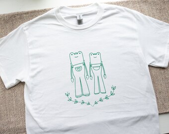Frogs in Overalls T-Shirt / Hand Screen-Printed Green Ink /White Unisex Shirt