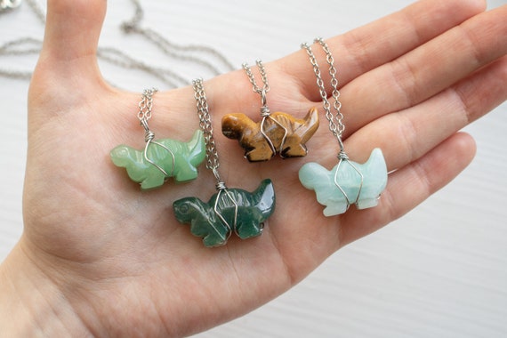 Crystal Dinosaur Necklace Wire Wrapped Gemstone Carving Dino