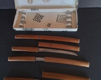 Sidney Krandall & Sons 50Th Anniversary Knives, 4 Samurai Japanese Steak Knives, Box, 1950's, Bamboo, Stainless, SET 2, NEAT!