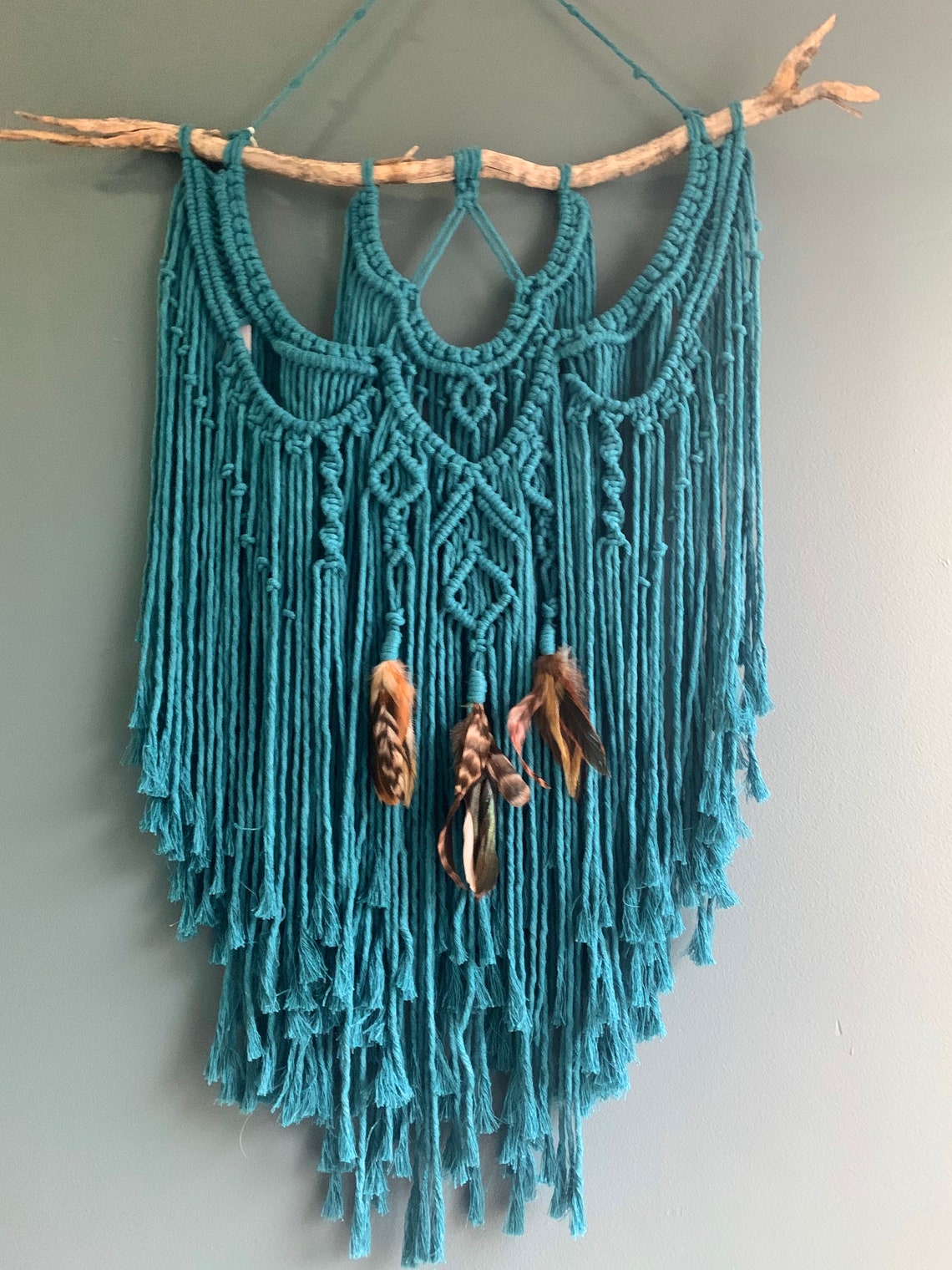 SOUTHWEST MACRAME Boho Design TEAL Wall Hanging With Feathers Etsy