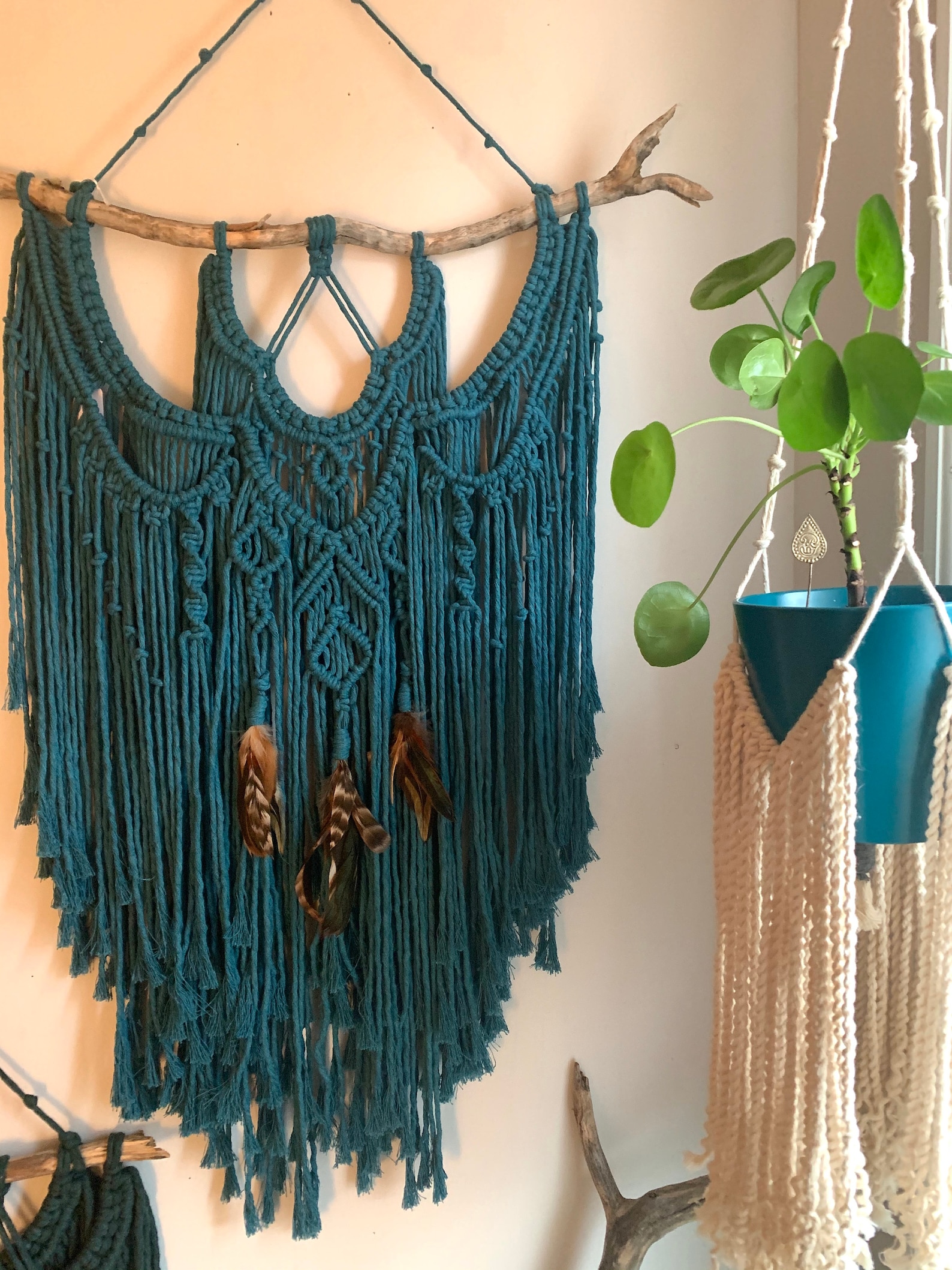SOUTHWEST MACRAME Boho Design TEAL Wall Hanging With Feathers Etsy