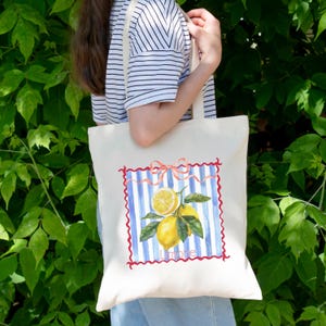 Cute Coquettish Lemon Cotton Canvas Tote Bag, Limone Beach Bag Reusable Grocery Bag Eco-Friendly Shopping Bag
