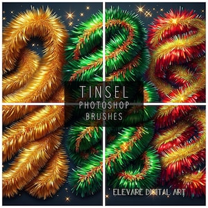May include: A set of four Photoshop brushes featuring different styles of gold, green, and red tinsel. The brushes are designed to create realistic tinsel effects in digital art. The text "Tinsel Photoshop Brushes" is displayed in the center of the image.