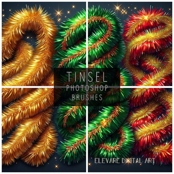 Photoshop Tinsel Brushes, 34 Exclusively Designed Flowing Trail Christmas Decorations. Plus, Extra Foil, & Instructions for Realistic Effect