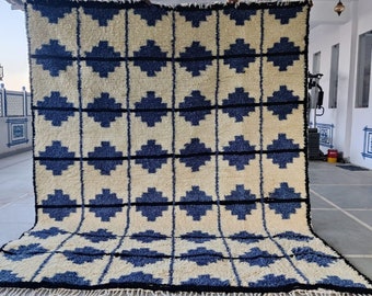 Home Decor Pet-Friendly Wool Rug, 8x10 Custom Blue And White Wool Area Rug, Handmade Boho Wool Rug Runner For Bedroom, Home And Living Room