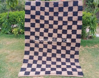 TEXTILIMPEX TRAVELLING RUG ウール100% Jute Black Checkered Rug, Home Décor Area Rug, Jute Rug