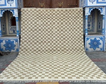 Irregular Checkerboard Hand-Knotted Wool Rug, Moroccan Area Rug, Wool Checkered Rug, Beige & White Checkered Rug, Custom Rug, Bedroom Rug