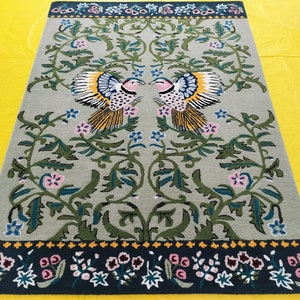 Hand-Tufted Wool Area Rug, Bird-Printed Multicolored Soft Green Rug, 5x7 Custom Rug, Hand-Tufted Woolen For Bedroom, Home And Living Room