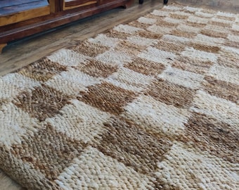 Jute Cream Checkered Rug, Home Décor Area Rug, Jute Rug Runner, Natural Grid Rug