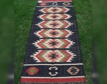 Handgefertigter Navajo Kelim Läufer, Schwarzer Geometrischer Rechteck Teppich, Boho Boden Dhurrie Teppich Für Schlafzimmer & Küche