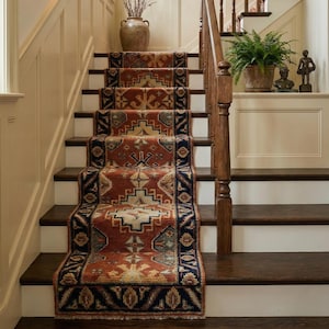 Hand Knotted Wool Oushak Runner, Vintage Turkish Style Stair Runner Rug, Rust Blue Traditional Pattern, Luxury Hallway & Stair Carpet, 2x10