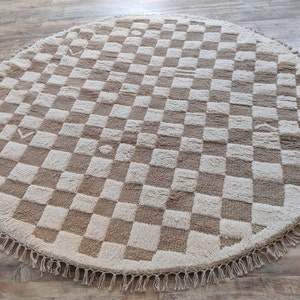 Beige Checkered Rug, Round Wool Rug, Beni Ourain Rug, Check Wool Rug, 5x5 Round Rug, Handmade Circle Rug, Rugs For Bedroom, Dining Table Rug