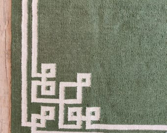 May include: A green rug with a white geometric border design. The rug has a textured surface and a rectangular shape. The white border frames the rug's edges, with a repeating pattern in the corners.