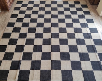 Tappeto a scacchi fatto a mano, tappeto a scacchiera Kilim di iuta, Dhurrie a scacchi per l'arredamento della casa, tappeto di dimensioni personalizzate, tappeto a scacchi, tappeto a quadri, tappeto da 8x10 piedi