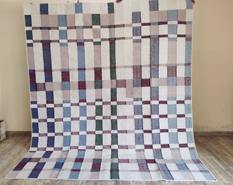 Handwoven Wool Plaid Rug: Checkerboard Area Rug, Bedroom And Living Room Rug, Elegant Checkered Pattern Rug, Wool Rug 8x10, 9X12, 12X15